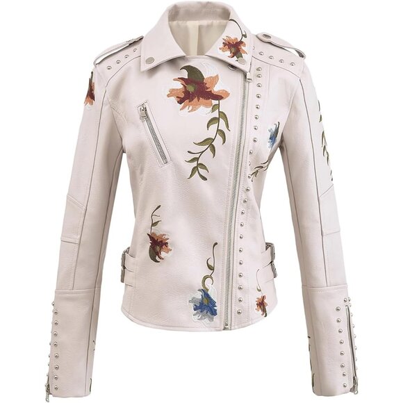 Women’s  Beige Embroidered Studded Faux Leather Moto Jacket Floral Punk - Picture 1 of 5
